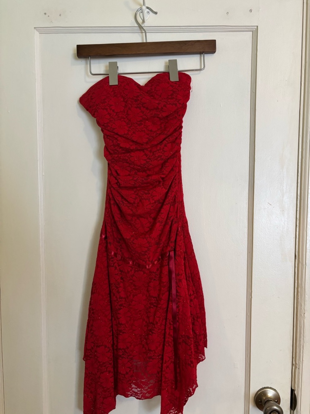 Strapless Red Lace Evening Dress